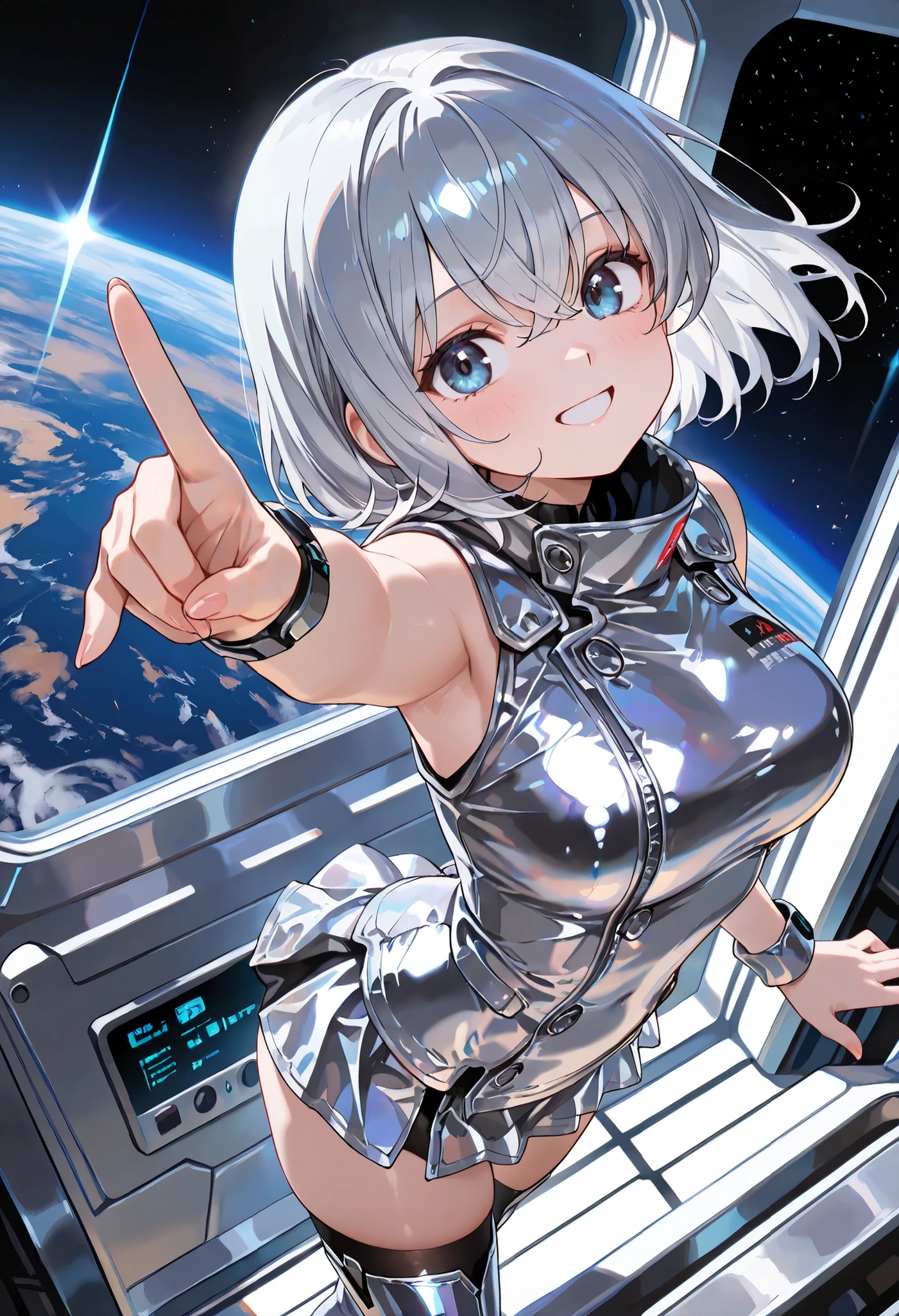 (masterpiece, 8k, Masterpiece, Highest Quality, 最高masterpiece, Highest Quality, BEST STANDARD, best image quality), (1 attractive woman , perfect beautiful face, beautiful in every detail for women, highly detailed eyes and face, beautiful detailed eyes, beautiful bright silver hair, bob cut, with crossed bangs, asymmetrical bang, dark blue eyes, Eye-catching highlights, Perfect Anatomy, gloss々Skin, Accurate big , lip gloss, Clean hands down to the last detail, exact finger, 5 fingers, silver metallic sleeveless jacket, silver metallic mini skirt with flared hem, Detailed thighs, black stockings, Silver metallic boots, Black metallic underwear, Chronograph on the right wrist, ), (View of the Earth from the space station window, A control room lined with displays, standing woman), ( nice smile:1.2), (dynamic angle:1.2), (Dynamic Pose:1.3), (science, Fiction background),