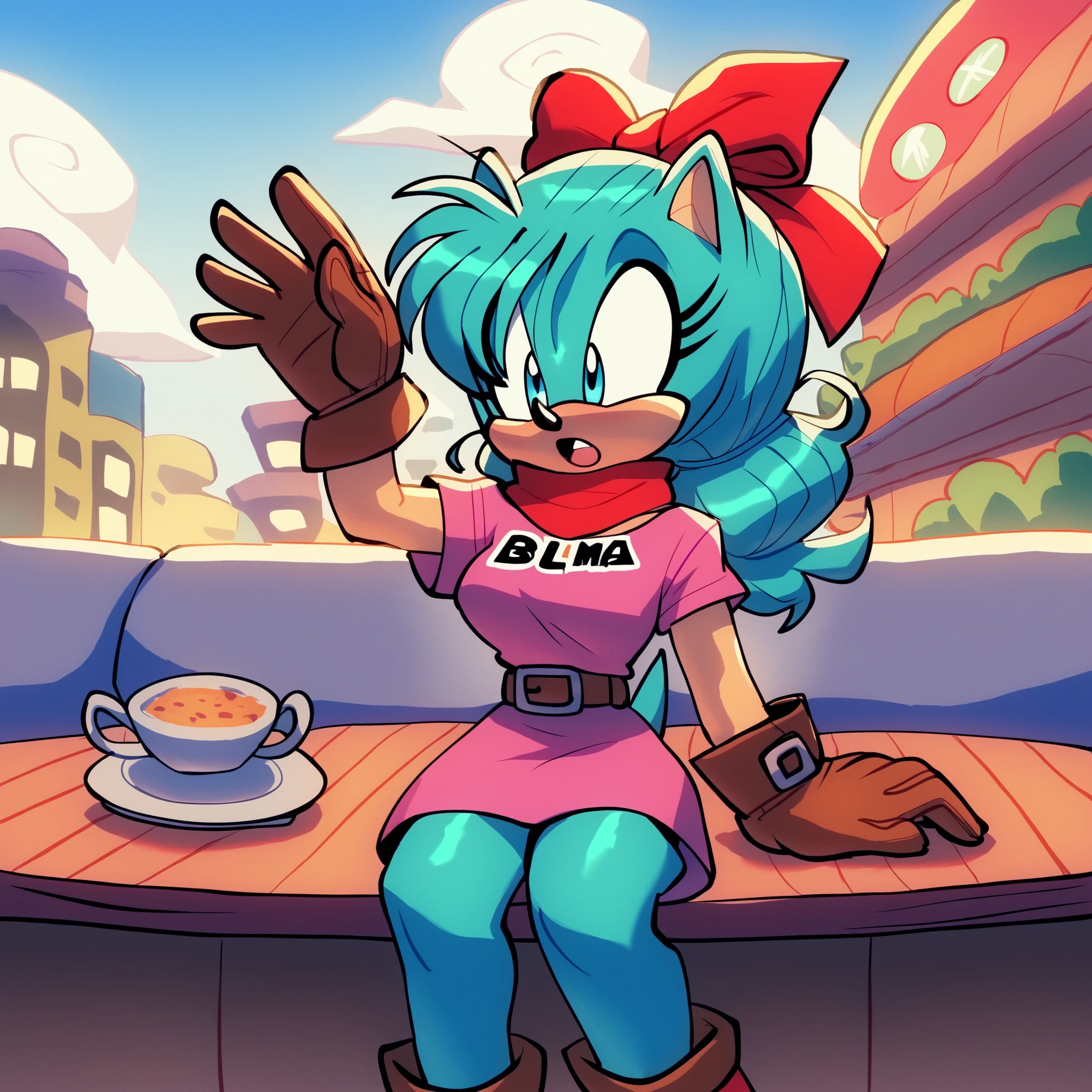 dragon ball, blmpony, aqua hair, hair ribbon, (long hair), long hair/quills, long quills, pink shirt, belt, scarf, pink skirt, clothes writing, brown gloves, medium breasts, Bulma as a Hedgehog, Mobian Hedgehog, 1girl, (Hedgehog), (hedgehog ears), bigdad/character, (Mobian), ((aqua fur)), female, young adult, solo, open eyes, small mouth, open mouth, sitting, cafe table, cute pose, city, sky’s, outdoors, Sonic OC