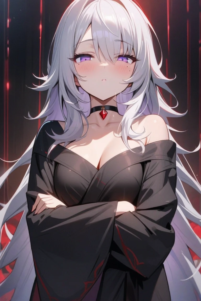 Raviel Ivansia, big breast, wearing a fancy black dress, standing outside in the rain, sad