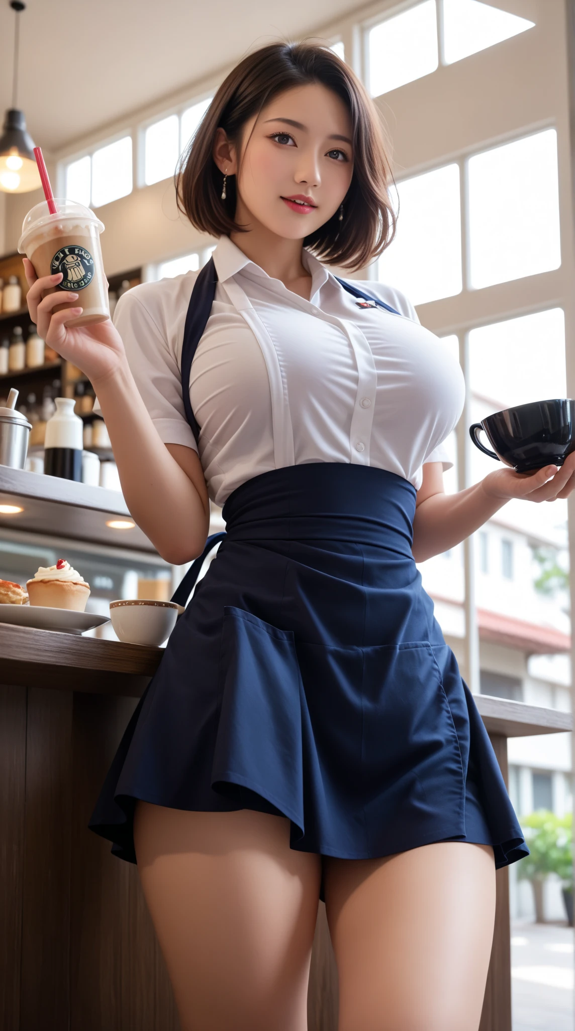 (high quality , Super detailed:1.2 ),(Highly detailed beautiful face:1.4), ((Highest quality)), ((masterpiece)),((realistic:1.0)),smile ,beautiful girl, perfect face、(8K, highest quality, masterpiece:1.2),(ultra high resolution:1.0),((Natural big breasts)),Upper Body,Blue maid costume, sitting, show panties, (from below1.8),ass pov,Detailed Background,maid Cafe,Look forward,Front view