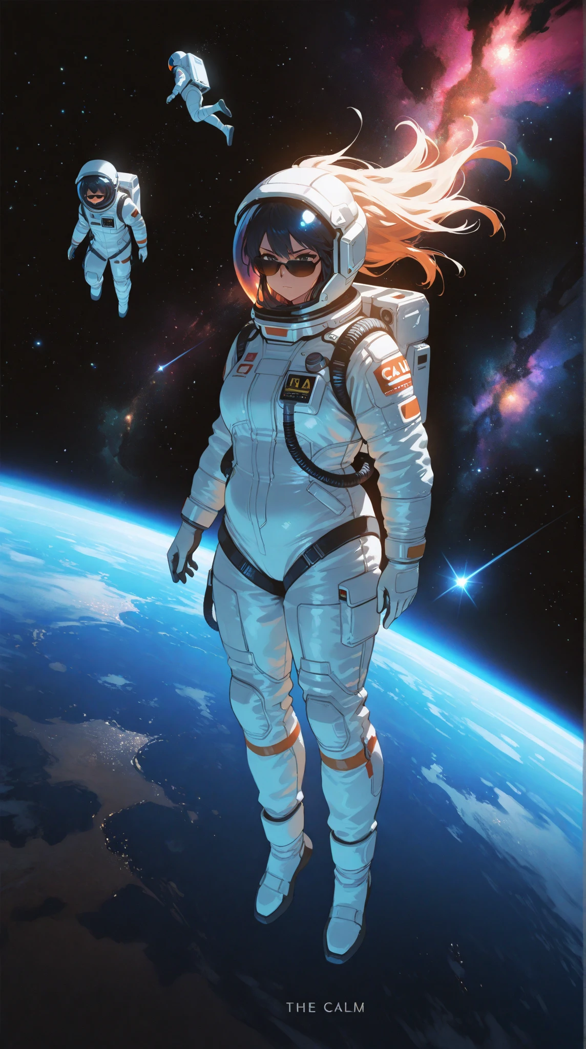 1girl, from_behind, floating, space_suit ( space, stars, planets, suns, starry_sky )