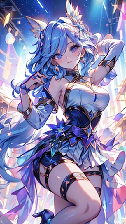 1girl (Masterpiece) (Best Quality) (Shiny Hair) (Glossy Skin), Tucked Flared Lace see-through Blouse, Dancing Princess, ganyu (genshin impact), Light blue hair, red eyes, red horns
