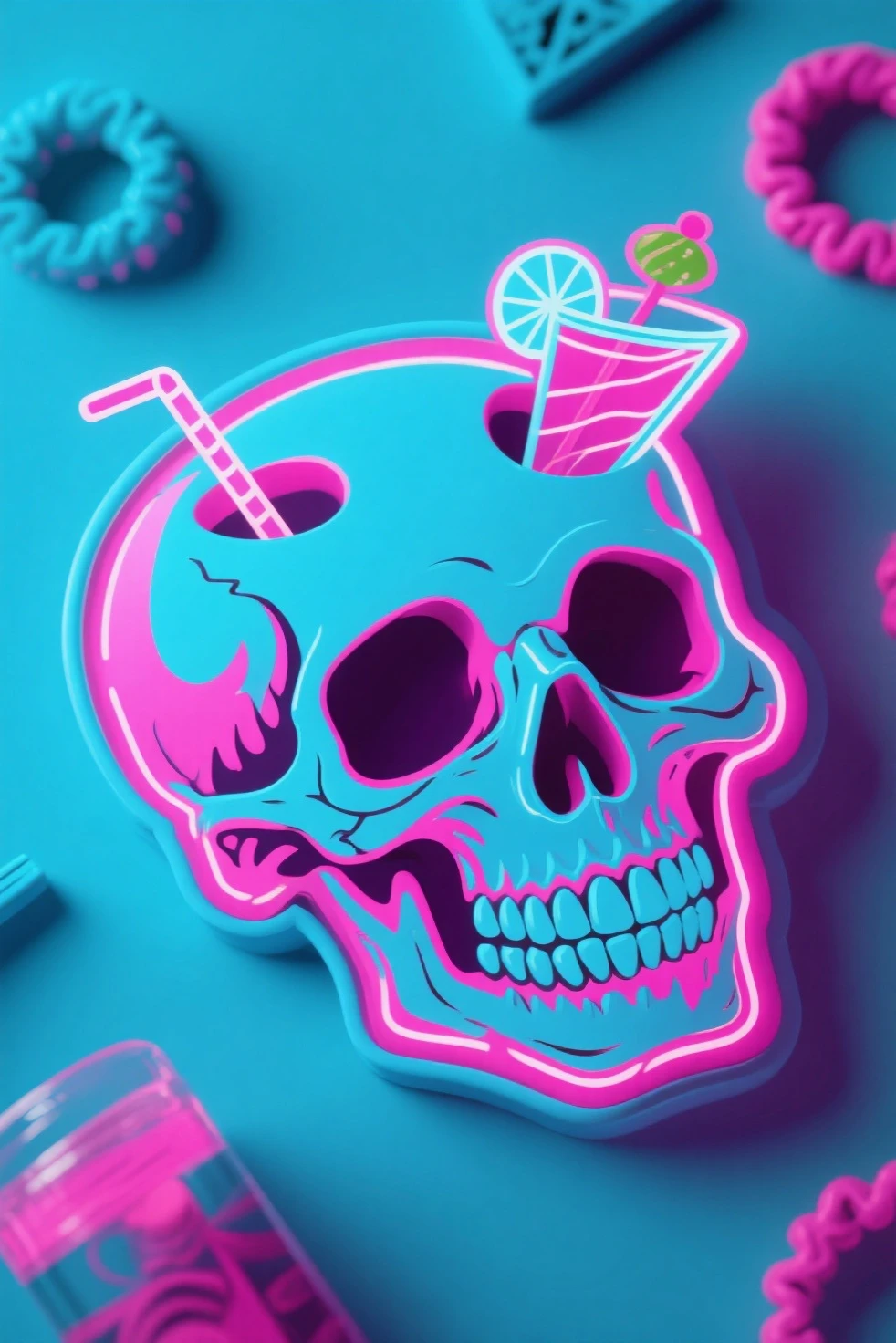 I want a cocktail glass with a skull in neon colors with the word sunrise in large neon