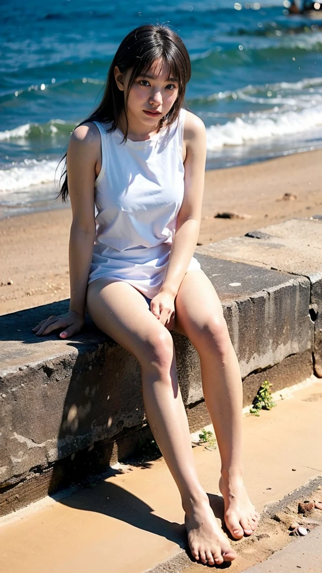 Create a high-resolution illustration of a beautiful mother in her 60s, Designed to express her elegance and elegance with the highest quality and photorealistic details. She must embody age-appropriate mature beauty,Captured in a dynamic squatting pose with her legs spread in an ‘M’ shape, a beautiful Japanese woman poses near the water’s edge on a Hawaiian beach. She’s wearing a playful, pink two-piece swimsuit, complementing the cheerful vibe of the setting. Her expression is one of fun and flirtation, perfectly suited to the casual and relaxed atmosphere. The crystal-clear water and the bright, sunny sky form a stunning backdrop, highlighting her figure and the joyful essence of beach life