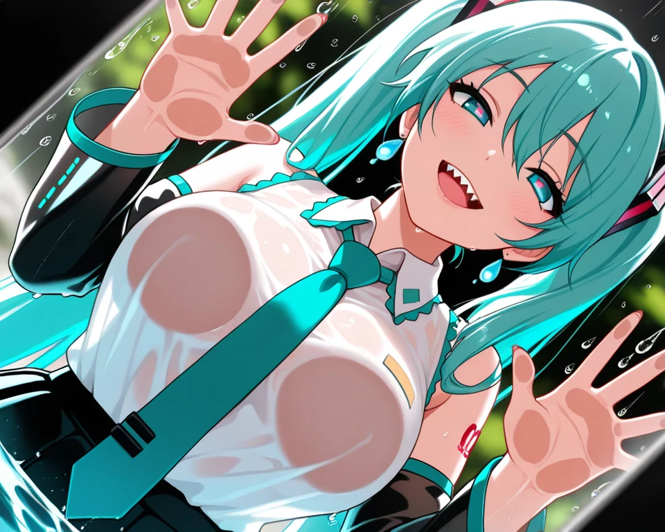 1Girl, solo,aqua hair, medium hair, blue eyes,(((black bunny suit,clavage,bare shoulders,black bunny ears))),short hair,froll above,open mouth,squat