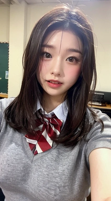 ((Highest quality)), Photogenic, Detailed skin, Detailed face, （Side-eyed tongue:1.5）,ahegao, Mouth Opening, Long wet tongue, Drooling tongue, School classroom,Red Tie Uniform, ((Neat grey blazer 1.4)),（(Grey no-tuck mini skirt:1.5)) ,15 years old, Shortcuts,Brown Hair, A mocking smile,（Thighs:1.5) ,knees, (((Crouched whole body:1.6))), pretty girl，Fresh and muscular thighs, loafers, White short socks with frills, Crouching, As if peering at me, Panty shot, ((((fellatio gesture: 1.6))), Handjob, ((Spread your legs out to the side:1.4)), Anatomically correct hands and arms,