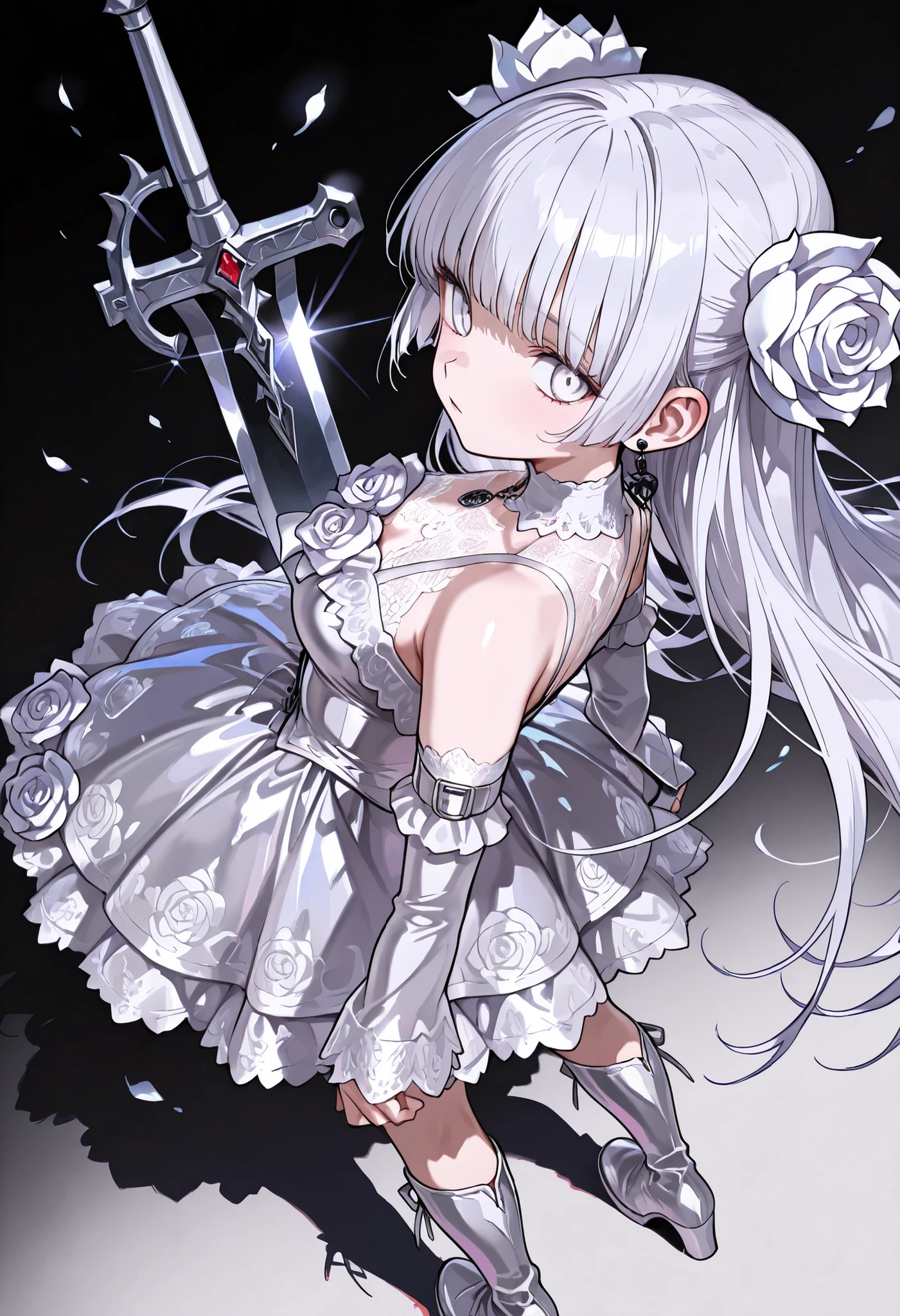 1 girl, , standing, segmented blade, Fair skin, Cropped White Lace Gothic Top, piercing, Beautifully Detailed White Eyes, Long Thick White Hair, princess cut,Looking back at the viewer, Thighs, leather mesh gothic white rose print skirt, Long Glamorous Boots, in their 40s (Absard Dress, detailed, Highest Quality, masterpiece, very aesthetic,:0.3) perspective, Dutch angle, from above, black to silver gradient background