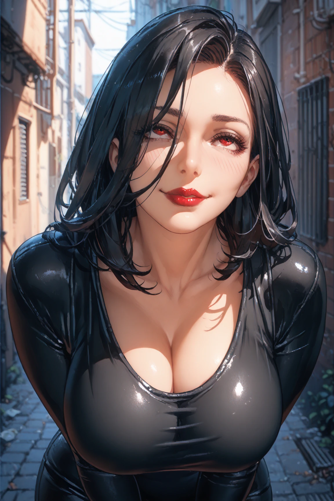 (best quality,highres),(realistic:1.37),dark,goth,woman,piercings,eyebrow piercings,nose piercings,lip piercings,ear piercings,nipple piercings,detailed eyes,detailed face,black clothes,long black hair,straight bangs,pale skin,red lipstick,intense expression,mysterious atmosphere,garden background,dim lighting,vivid colors, fishnets, topless, fullbody