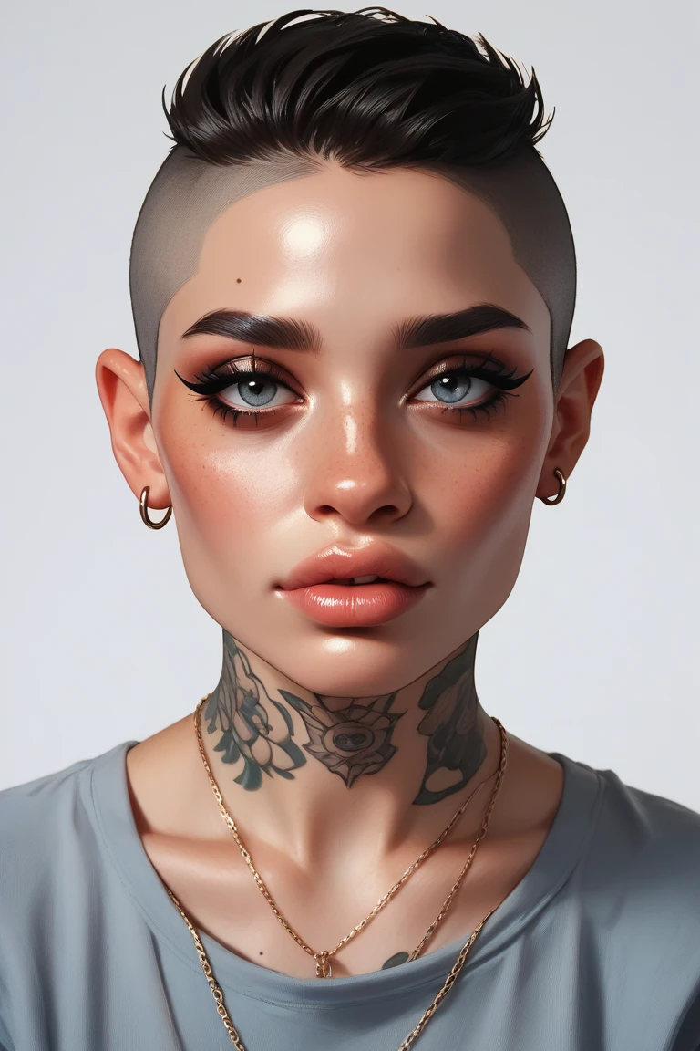 (Masterpiece, Best Quality:1.5), Illustration, Ultra-detailed, finely detail, Hight resolution, 8K Wallpaper, Perfect dynamic composition, cinematic lighting, portrait, looking at viewer, Beautiful detailed eyes, Sexy face, Perfect beautiful hands, Raw real photos, beautiful realistic face, beautiful face, perfect face, highly detailed beautiful face and eyes, attractive face, detailed face, delicate facial features, detailed skin, shiny skin, perfect anatomy, highly detailed background, elaborately designed, fine cloth texture, BREAK, (full body:1.5), (Shaved head:1.4), (perfect make-up, eyeshadow, lash extensions, lips:1.4), (three view drawing, front and back and side, character sheet:1.2)