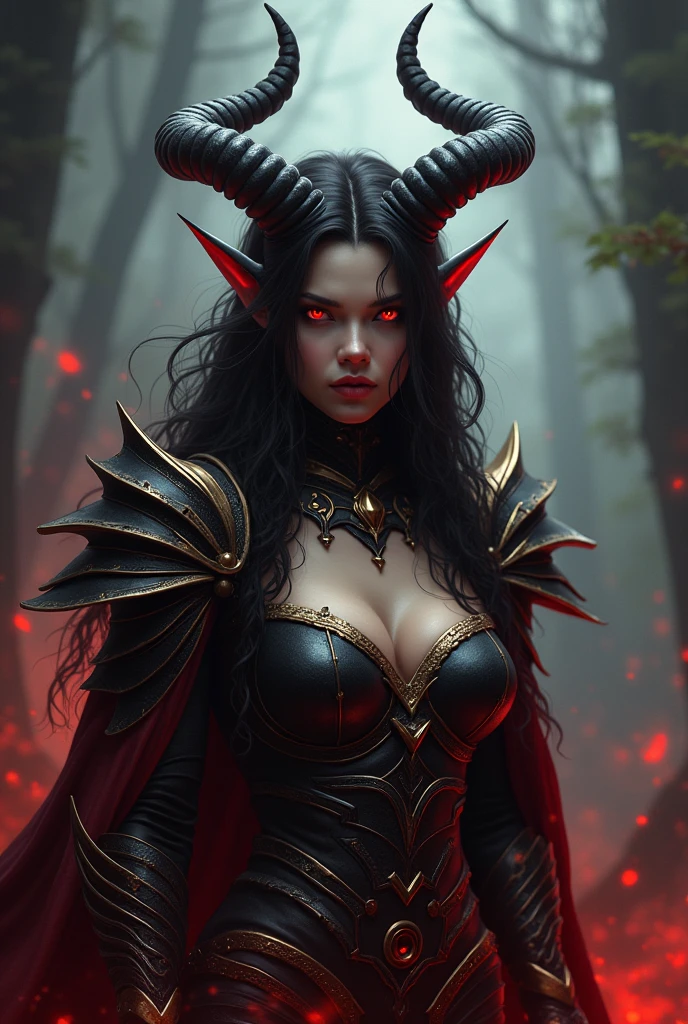 beautiful demoness with a mean smirk, nsfw, full body, vagina wet, dark forest, skull and bones, red demon eyes, horn on head, red lipstick