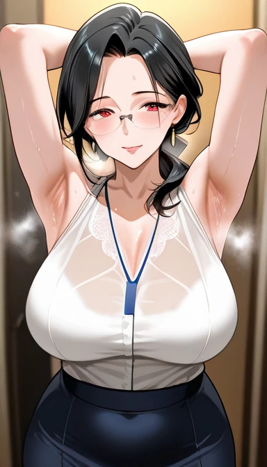 1 milf, ponytail hair, angry face, wearing a white tank top, wearing glasses, peeking out from behind the wall, white background, sex scene, doggy style