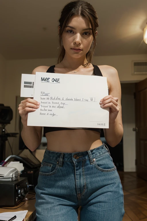 Totally naked Caucasian girl embarrassed, standing behind a streetlight in a public square covering her nakedness with a small notebook, a full body photo from the front in panoramic view in Full HD