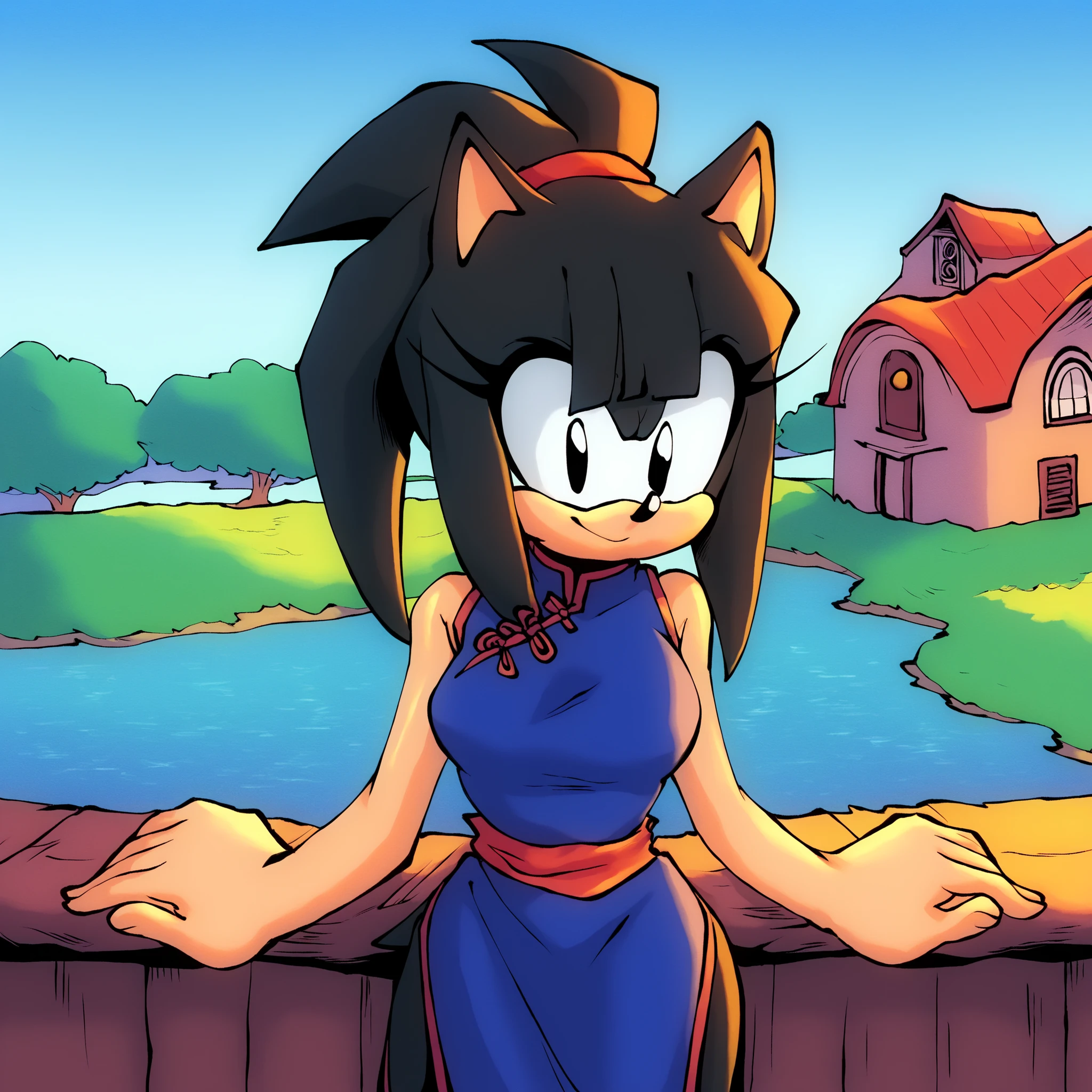 chichixl, blue cheongsam dress, bare shoulders, medium breasts, closed mouth, sidelocks, sleeveless, (long hair), long hair/quills, long quills, ponytail, hair bangs, quill-like bangs, bare arms, blue dress, Chi Chi as a Hedgehog, Mobian Hedgehog, 1girl, (Hedgehog), (hedgehog ears), bigdad/character, (Mobian), ((black fur)), female, young adult, solo, open eyes, small mouth, light smile, sitting, standing, hands clasped together, arms at sides, cute pose, house, river, sky’s, outdoors, Sonic OC, looking at viewer
