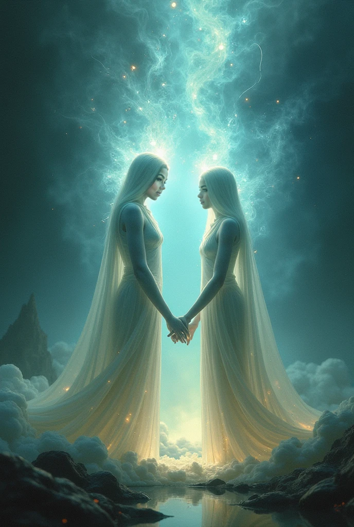 Picture this A hazy or abstract background in dark and gloomy tones, with a sense of depth and mystery.
Two ethereal and translucent forms, with soft and bright colors like sky blue and violet. Souls have a vaporous and fluid appearance, as if they were made of light.
A bright thread of light connects the two souls, which could be gold or silver. This thread seems to be stretched, and it stretches and deforms, suggesting a force that pulls souls in opposite directions.
Souls are drifting apart, with an expression of anguish or desperation in their manner. The distance between them increases, and the light of the thread weakens as it stretches.
The surrounding environment is dark and murky., with flashes of diffuse light that add drama to the scene. Maybe you could add abstract elements, as fragments of light or shadows that increase the feeling of separation and struggle.