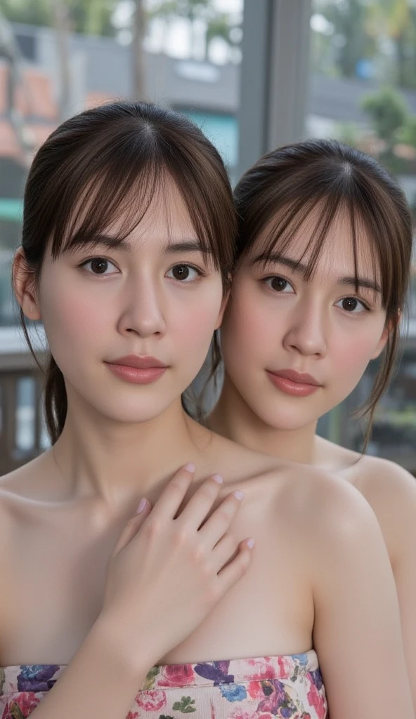 realisticlying、2 girls、selfee、Bring it closer to the body、Thoracic adhesions、Cleavage emphasis、Bikini Wearing、shores、sexly (topless:1.6), (oiled:1.2), (small beasts:1.4), ((breasts touching of each other:1.4)),