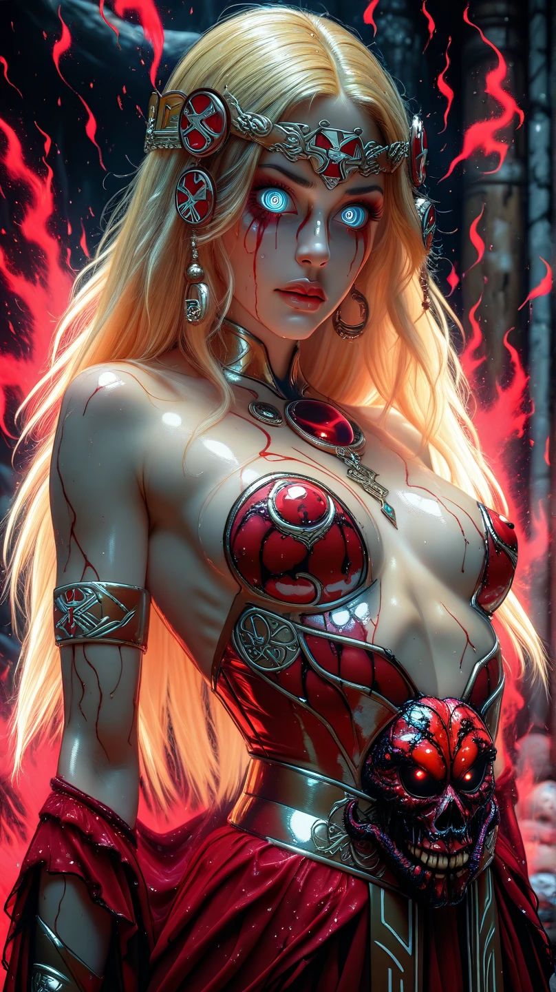 Highest quality、masterpiece、Ultra-high resolution、32k、Model Body Type、One Girl, Female Fire Spirit, Redhead, The upper body is visible、((Delicate illustrations drawn in detail:1.8)),((Clothes with intricate decorations:1.5))、(((A large amount of sparks are flying)))、Sacred exy clothes、Lots of gold ornaments、Red and orange attire、Correct number of limbs、(((Above the flames)))、(((Hellfire)))、((Red eyes))、(((Wearing flame on the body)))、(((Swirling flames in the background)))、goddess、