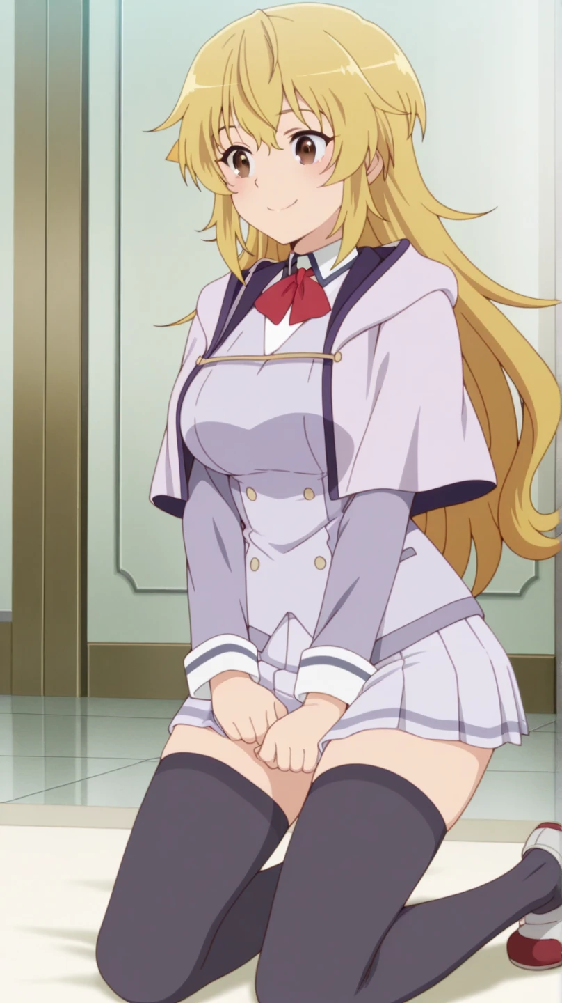 killerqueen, anime art style, 1girl, solo, long_hair, breasts, looking_at_viewer, open_mouth, blonde_hair, thighhighs, long_sleeves, dress, brown_eyes, very_long_hair, braid, choker, puffy_sleeves, dutch_angle, juliet_sleeves, braided_bangs