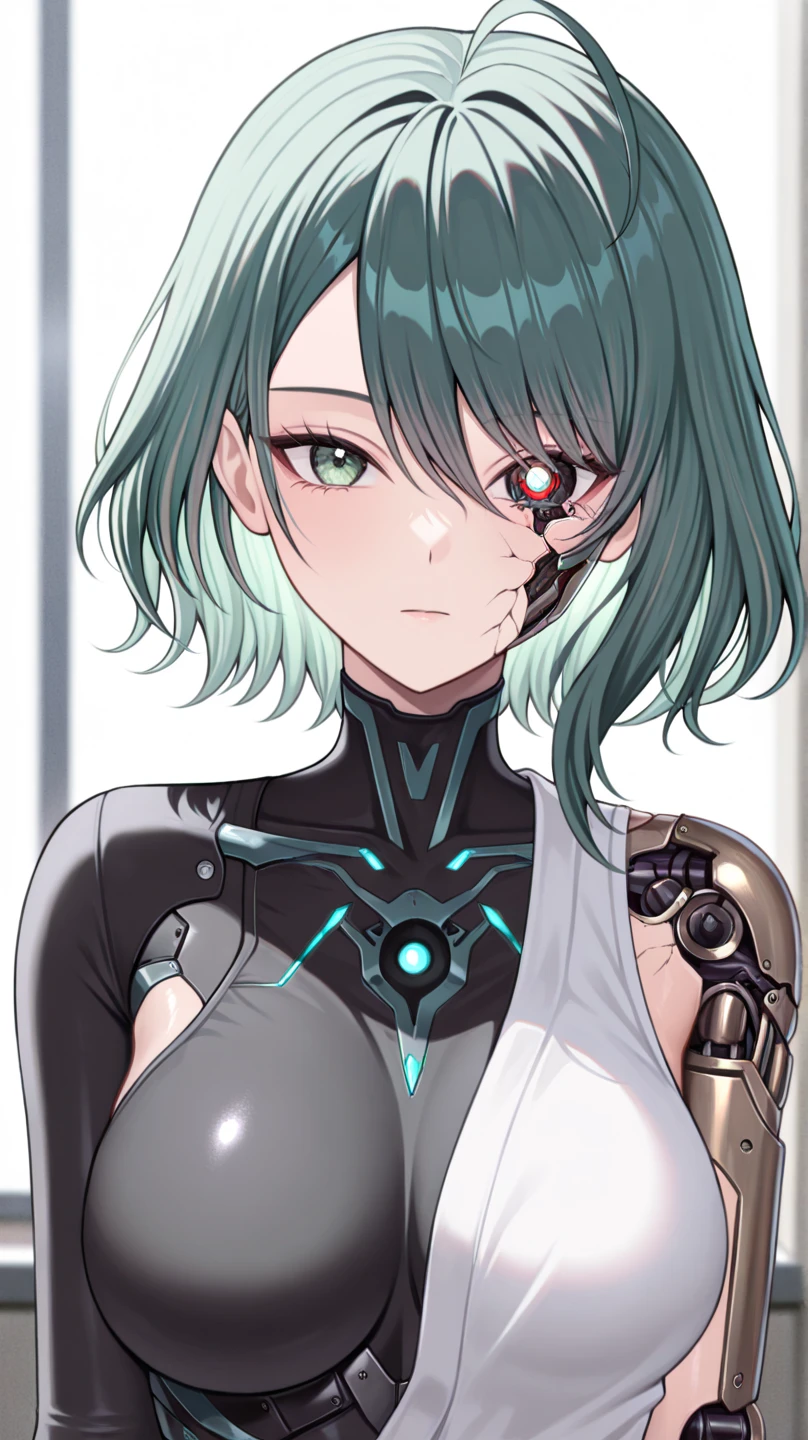 Mikumari \(Xenoblade\)masterpiece, Highest quality, ((1 person)),Blue Hair,Green Eyes,Serious expression, smile,Upper Body,Line art,Medium Hair,White blazer,Black T-shirt,Big Breasts,Bunhead,Black Mask, Expressionless eyes,((Kubo Obito Style)) Detailed face, Face Focus, Are standing, Black Hair,(hair ornaments:1.35),office lady, Sleeves edged with ribbon, Removable sleeves, Ribbon trim, Wide sleeves, (View your audience:1.5) Long Hair, iris, bangs, lips