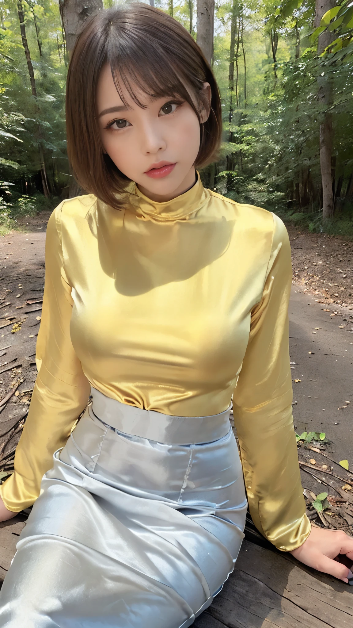 Portrait,((Photo showing a woman wrapped in a shiny silver satin bodysuit)),(masterpiece, best quality , ultra high definition),very detailed CG,(bob style bang with short hair both) ,((Eye makeup for long eyelashes)),(( very beautiful Japanese women)),(((I'm wearing a high neck t-shirt made of shiny silver satin))),(((Shiny yellow satin mermaid style high waist pencil skirt))),((( YELLOW SATIN SIMPLE LONG SKIRT))),((( fitted high neck long sleeve bodysuit sitting on the edge of a satin bed is made of shiny bright silver satin fabric))),(The shiny silver satin t-shirt is tucked into the skirt),((in a dark forest)),(Poses where you lift your chest with your arms),(emphasizes her chest),