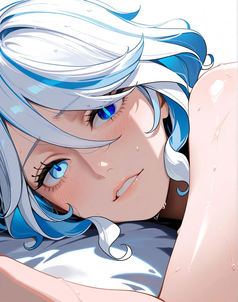 Yukino, in bed, silver hair and blue eyes, short hair, no shirt and no bra, anime visual of a cute girl, screenshot from the anime film, & her expression is solemn, in the anime film, in an anime, anime visual of a young woman, she has a cute expressive face, still from anime, big breast, red cheek, lustful face, fair skin