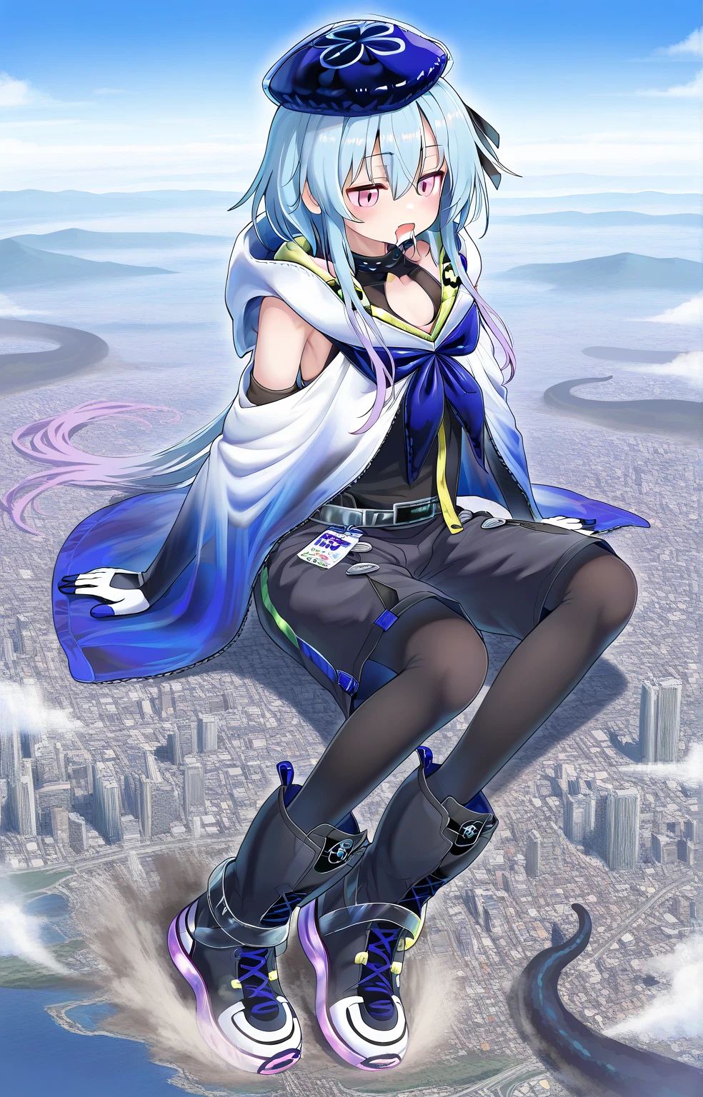 1girll, Jacket,,Clouds, view over city, mountain ranges, Masterpiece, Best quality, Highly detailed,Masterpiece,Best quality,offcial art,Extremely detailed Cg Unity 8K wallpaper,{{{Giantess}}},Giant,1girll,modern miniature city,A cold expression,Stand on a modern miniature city,Destroyed buildings,soaking feet,Contact viewers,white panties,The feet emit steam,Smash the city,