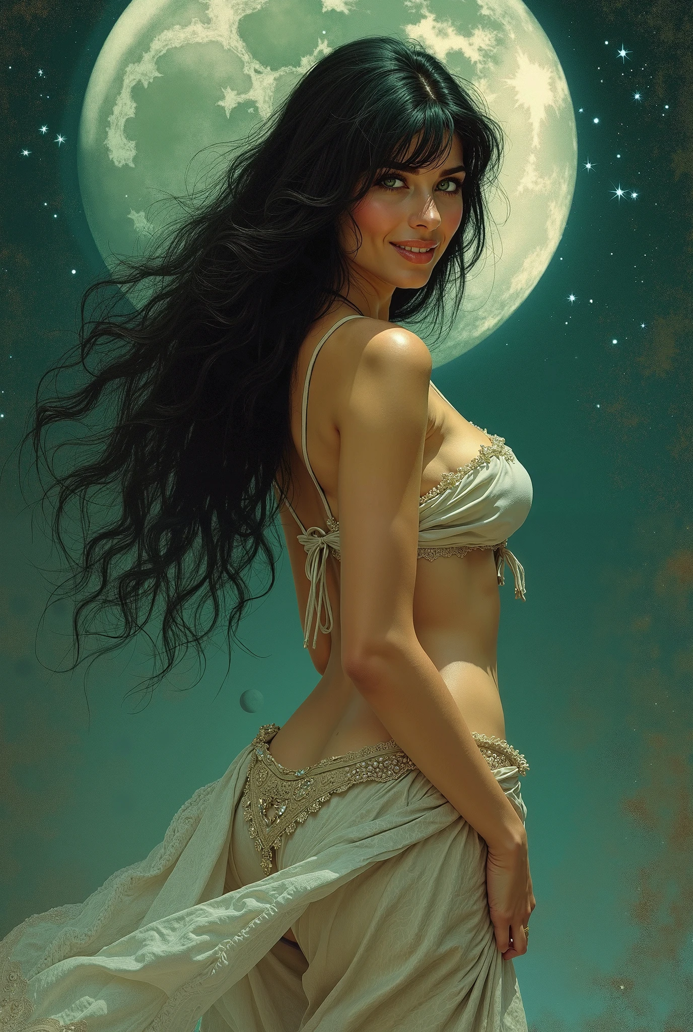 Arafed indu naked  woman ,long black hair, nice thick naked body,full-body image, very hairy vagina, alot pubic hair,nice thick body shape,she is meditating under the full moon light in the temple. 