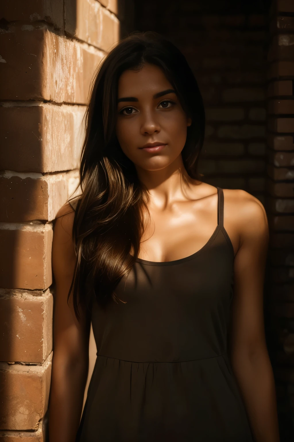 A calm urban evening scene with warm low light casting soft shadows on an old brick or concrete wall. A shadow of a young woman with long hair is partially visible — minimal and abstract. The mood is quiet, introspective, mysterious. The shadow might fall across a doorway, wall, or staircase. The setting feels real but poetic, with imperfect textures, moody lighting, and a sense of stillness. No direct face visible, only shadow, silhouette, or suggestion of presence.