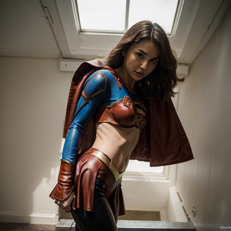 Bust ((Half body)) hyperrealistic masterpiece, Superhero girl ((Weird aesthetic style)), chica de 25 años, pelirroja, preciosa, ojos grises, mucho pecho, hermosa, in an extremely detailed technological plugsuit ((with scarf & red cape)), luminous lighting: 8k