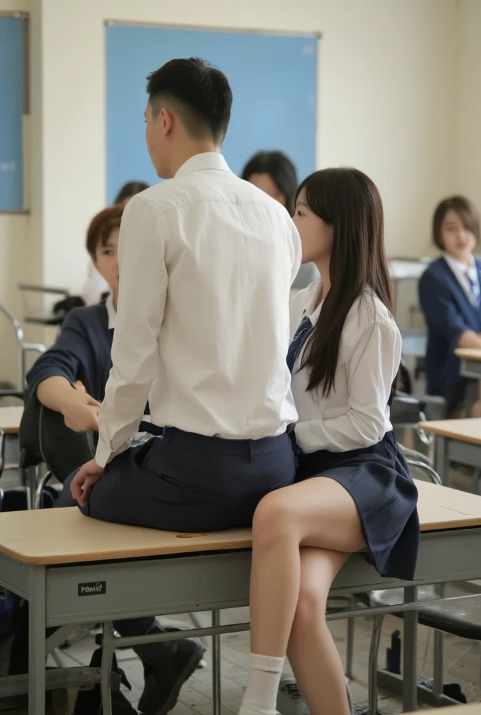 (magazine cover:1.3), ((Natural light, Top Quality, 8k, Masterpiece:1.3)), (looking at viewer:1.4),(she is in a high school classroom,casual theme, indoor:1.5), (Beauty with slender abs:1.2), ((Layered Haircut, small breast:1.4)),(Perfect Body Beauty:1.2), (look through white open shirt:1.6), {no bra:1.5}, (short denim skirt:1.6), Highly detailed face and skin texture, Fine eyes, Double eyelids, whitening skin, (full body:1.5),(canvas shoes, white short socks:1.4).(1man hands holding 1girl breast:1.7),(1boy, 1girl:1.5)