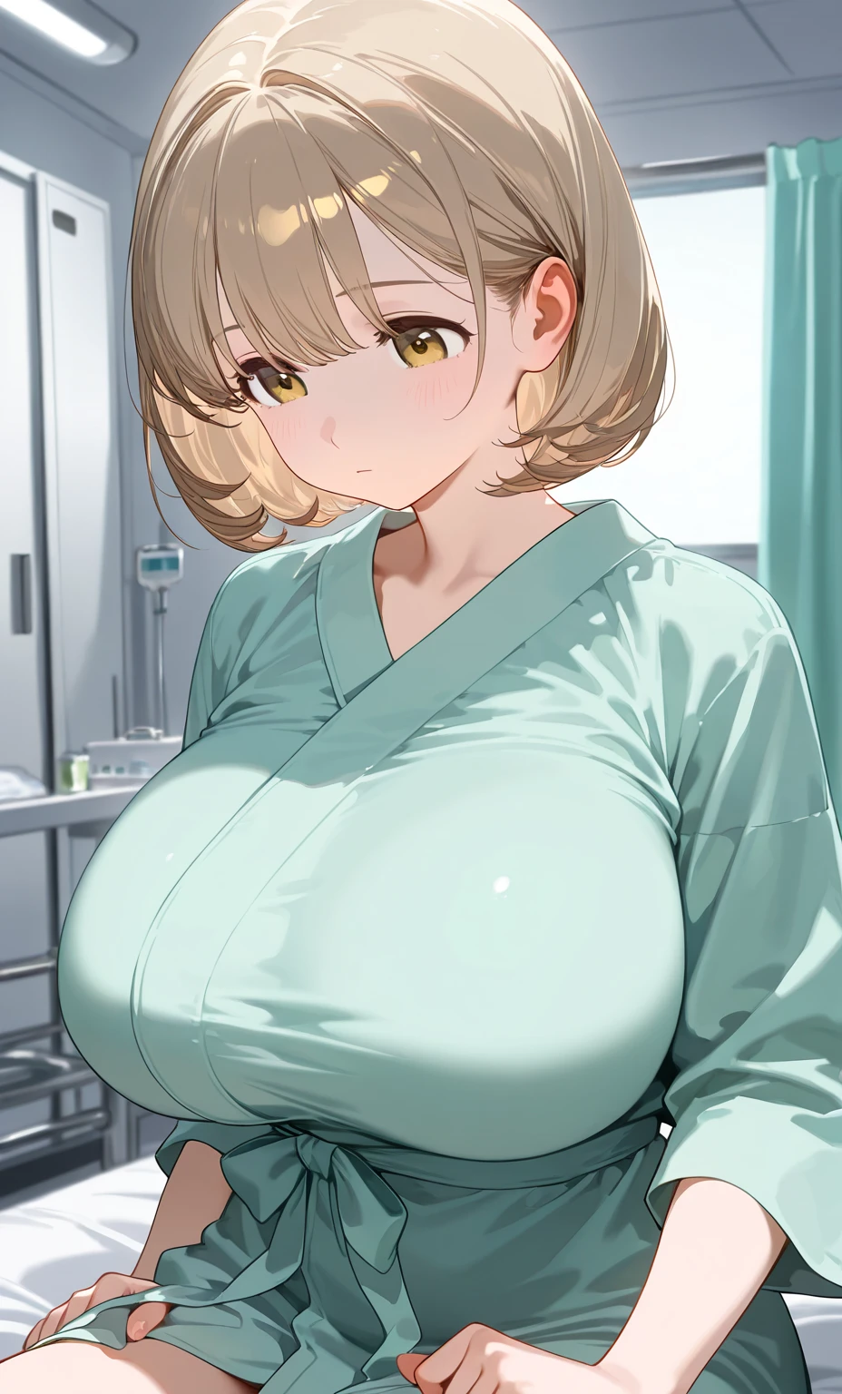 SFW, (nurse clothes, keyhole cleavage), (gigantic breasts, huge breasts, Big breast), arms behind back, firm breasts, slim waist, curvy figure, (brown_hair, (orange_eyes)), short hair