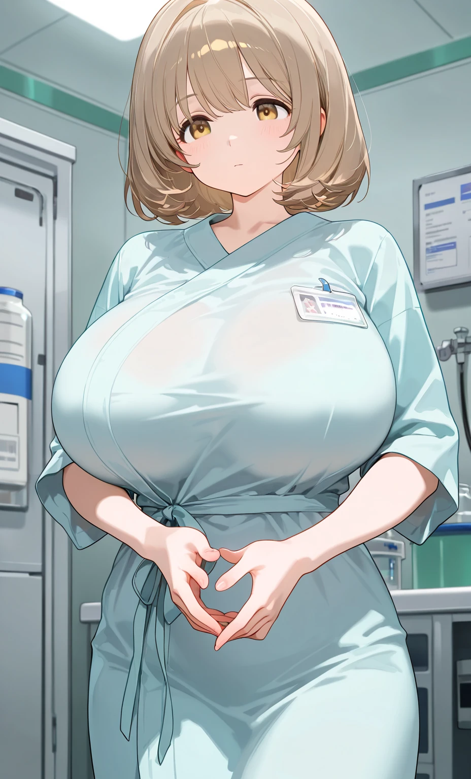 Highest quality、extremely detailed CG、One woman、27-year-old female、Huge breasts:1.3、sagging breast:1.3、White、white coat、white gown、Black inner shirt、Black inner shirtと白いコートを着てカメラに向かってポーズをとるアニメの女の子, (SFW) Safe at Work, breasts covered and SFW, (doctor), chic,Whiteを着て, Cel-shaded adult animation、Brown Hair、ponytail、Health Room、学校のHealth Room