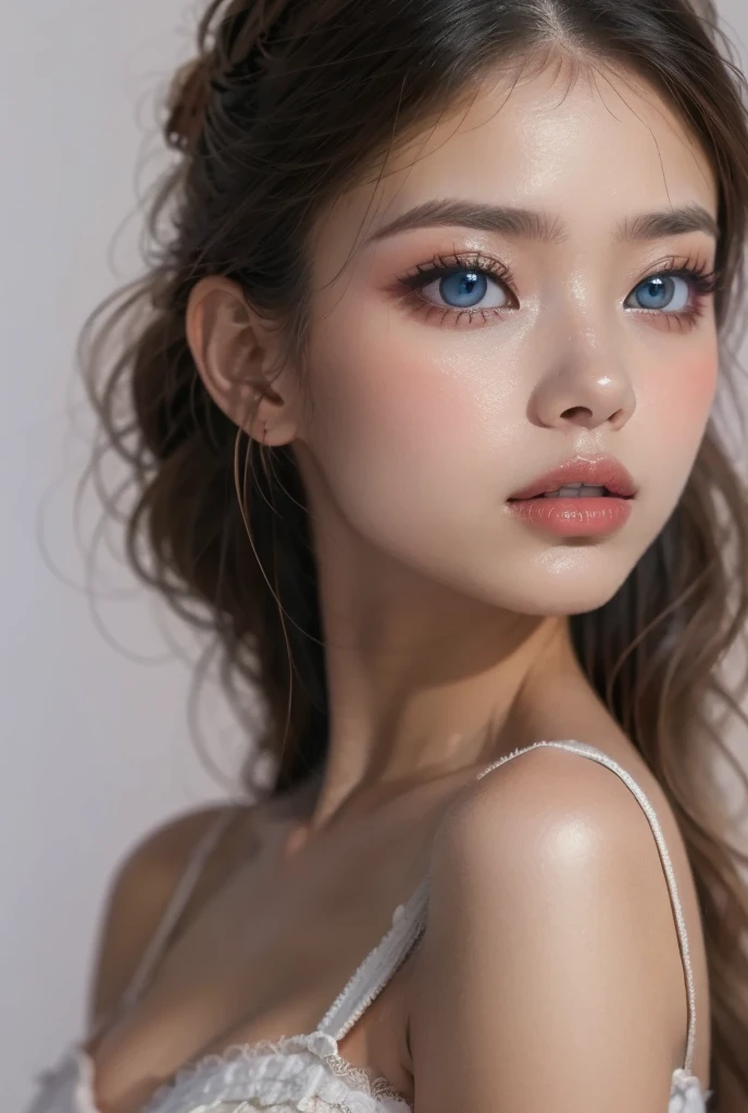 (((Chignon、blouse、Off the shoulder、one piece、White background)))、forehead、Northern Europe、Russia、beautiful girl、Platinum Blonde Hair、Straight long hair、Hitting the face and front of the eyes、Big blue eyes、Sheer white and wet nightgown、Northern Europeの若者、Perfect body、White tendons、Glowing Skin、Young and beautiful skin、A perfect and beautiful little face、Bright makeup、Pale pink lips、Bright expression、、lipstick、Deceptive advertising、Viewer's vision、Golden Hour Lighting、Bokeh Atmosphere Perspective、detailed、Movie Light、複雑なdetailed、High resolution、 フェイスデザインのdetailedな特徴、Attention to detail、Clear focus、Smoothness、aesthetics、Printed、Octane、{{masterpiece}}