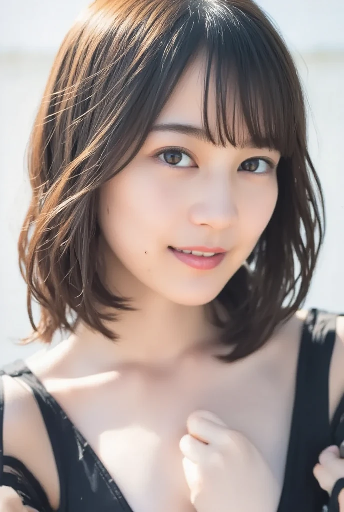 (masterpiece, highest quality、software:1.8),1 girl, alone, realistic, realistic, looking at the viewer, light brown eyes, Brunette short bob hair with highly detailed shiny hair, short bob hair:1.6、Whity, lips, bangs, closed mouth,happy smile、 Upper body、Big eyes、eyelash、((Very simple blue background:1.8))、(((short hair with bangs、Big eyes、big and full chest、look at the audience、beautiful beauty、show me your ears、long neck、smile、please close your mouth and smile)))、ideal body proportions、{Huge|big|huge|mega} chest, cleavage:2
