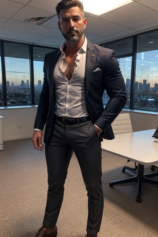 a white man with blonde hair wearing an expensive suit sitting in an office typing a Mac book pro with forex trading chart in his office.The man is muscular with lots of money on his office table 