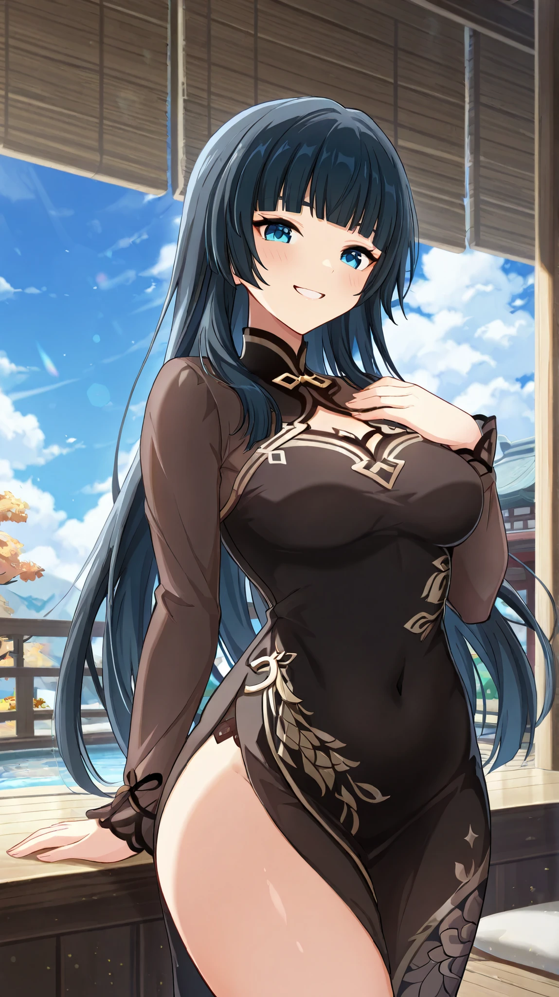 ((Highest quality、unity 8k wallpaper、32K、masterpiece、Very detailed、Ultra-high resolution、Ultra-high resolution、 Very detailedな顔, RAW Photos, Professional, Ultra-fine painting, Anatomically accurate lizard man)) Kotegawa Yui morphing into lizardwomen, kotegawayui, black long hair, yellow eyes, ((Reptilian eyes)、Mouth with sharp fangs、From shoulder to clavicle、Covered in fine scales up to the neck、(On the butt、A long, impressive lizard tail connected to the spine growing from the tailbone) 、Lizard legs with sharp claws、Fine blue scales growing like thigh-high socks、Fine blue scales growing like long gloves、Long fingernails)、Nipples in full view、((Fine scales on the flank、Fine blue scales growing around the waist, Scales on the back、Scales from flank to thigh))、The boundary between the scales and the skin is not clear、