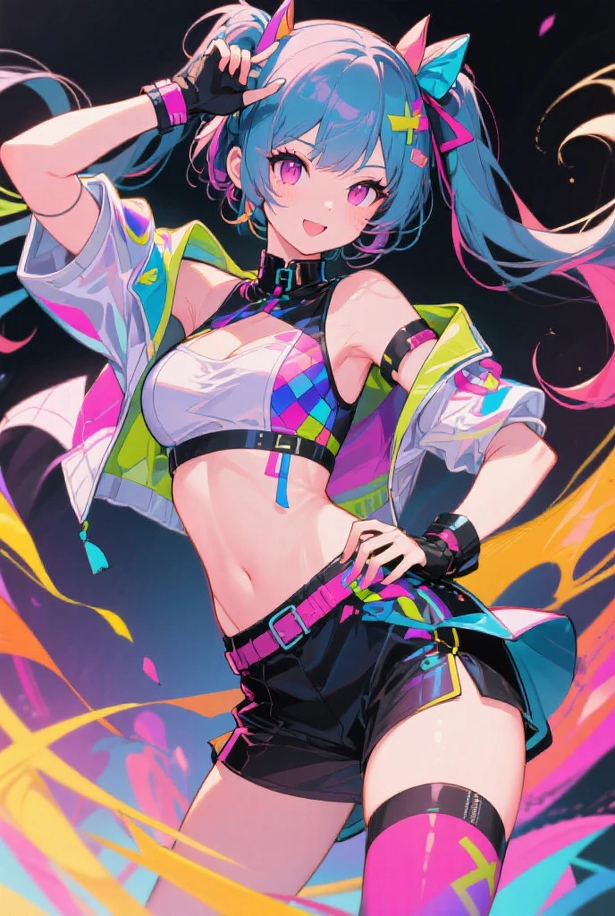 masterpiece, high quality, highres, absurdres, ultra-detailed, 8k, 1girl, medium breasts, platinum grey hair, blue hair, multicolored hair, gradient hair, open mouth, fang, looking at viewer, (holding spray paint can), oversized clothes, colorful eyes, (messy painted body:1.05), (graffiti murals wall background:1.15), seductive smile, brilliant colorful paintings, bloom, portrait, cross hair ornament