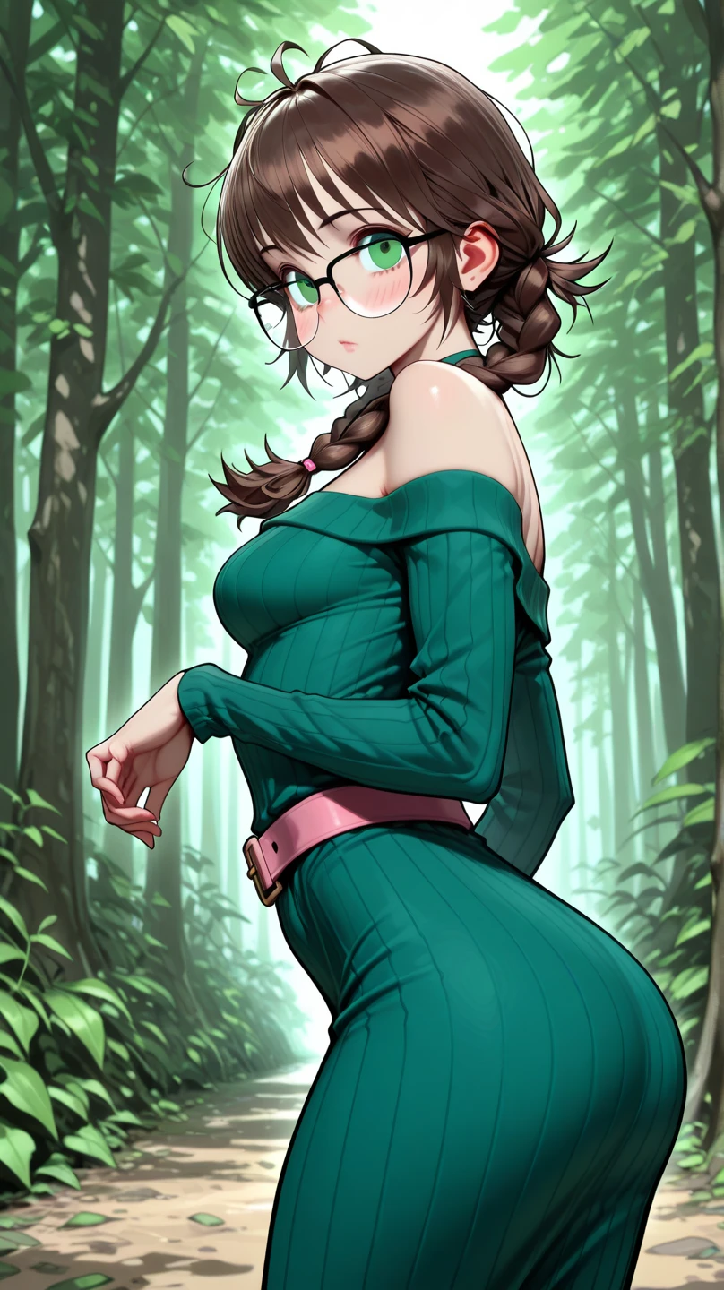 masterpiece, best quality, <lora:mdworld-nvwls-v1-000008:0.9> mdWorld, magenta hair, short hair, third eye, green sash, convenient censoring, midriff, large breasts, fountain, night, forest, looking at viewer, smile