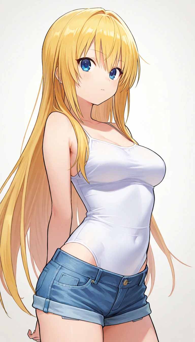 (masterpiece, Best Quality:1.2), absurdities, perfect anatomy, owtech, stylized, 1 girl, full body, looking at the viewer, blunt bangs, ( Denim shorts:1.1), Focus only, Soft lighting, (blue eyes), blonde hair, very long hair, twintails, Airi Akizuki, medium breast, striped tights, she is kneeling, no bra, areola, He is covering his chest with his own arms, no bra,