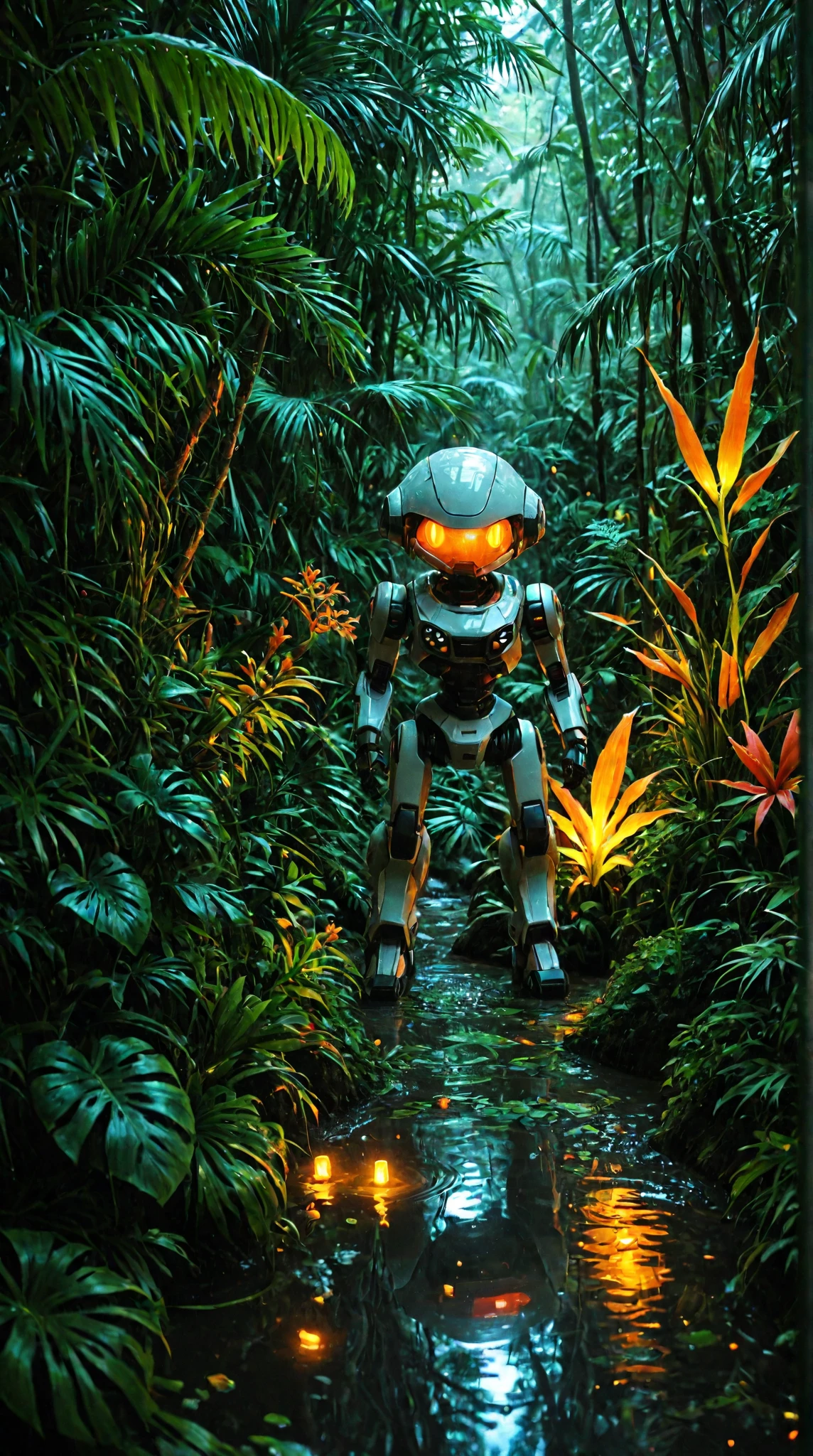 Acrylic, Translucent style, Vibrant sci-fi digital illustration, colorful robot with glowing purple eyes standing on a wet jungle path at dusk, illuminated by warm neon lights, lush green foliage and tropical plants, reflective puddles on the ground, pink and orange hues from artificial lights, robot's intricate design and vibrant colors, rich textures of wet ground and vegetation, overall a whimsical and futuristic scene with a magical atmosphere.