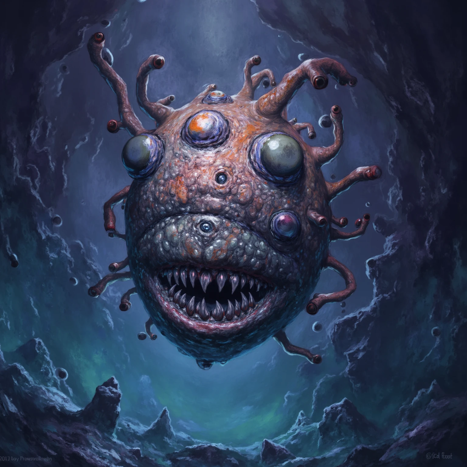 dark, Creepy, Monster with a chest full of strange gems - Cyclops, Sharp Fangs, ugly, Long tentacles, Scattered Gems, Well deep
