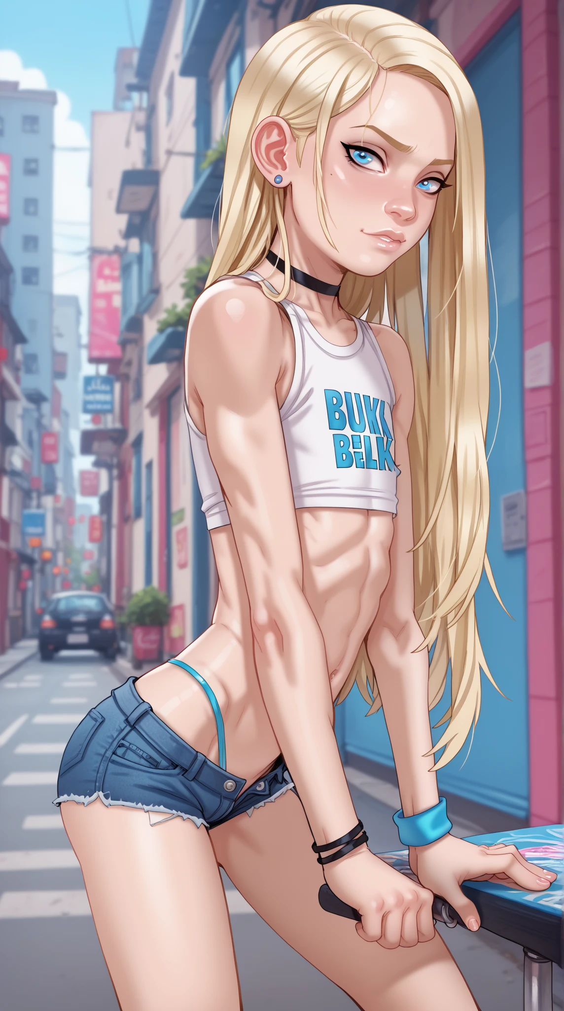 masterpiece, best quality, nice hips, slut, slutty bimbo clothes, medium breasts, smile, slut, young girl, bratty girl, wide hips, (white micro bikini top), (tight black shorts) with black thong, midriff, (nighttime), red light district, street, (outdoors), detailed eyes, straight hair, blonde, (view from behind), glancing over shoulder, smiling, street hooker, condom wrapper, pert ass, (street hooker clothes),