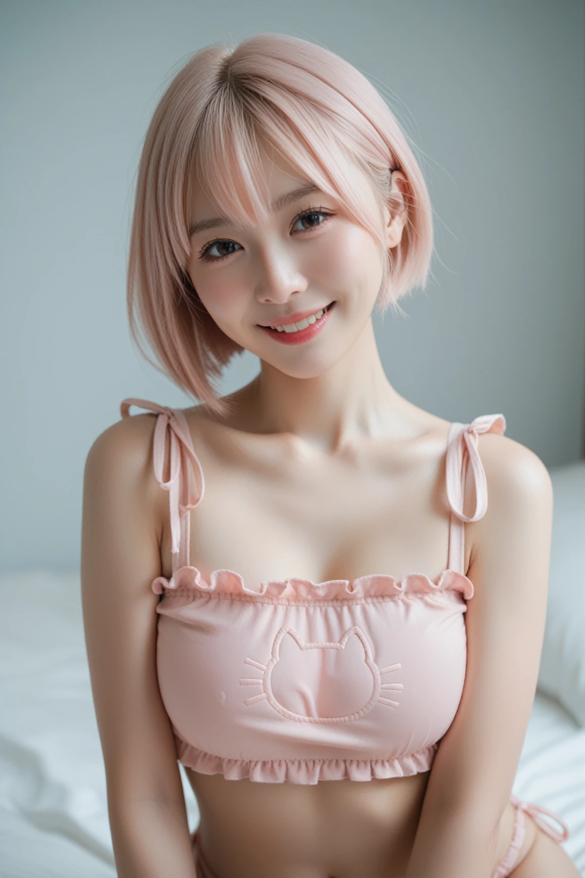 Sitting with Knees Up on sofa at living, spread legs,Browsing Caution, One Girl, (beautiful girl, Delicate girl:1.3), (:1.3),
break, Very beautiful eyes, (Symmetrical eyes:1.3),
break, Small breasts, Brown eyes, Parted bangs, Pink Hair, (ponytail), (Upper teeth, The best smile:0.2),
break, (Eye and facial details:1.0),
break, (masterpiece, highest quality, Very detailed, Detailed face, 8k),Pink Hair,Fluffy hair,美しいPink Hair,Wide-angle,whole body,Exposing the breasts,Only one shirt