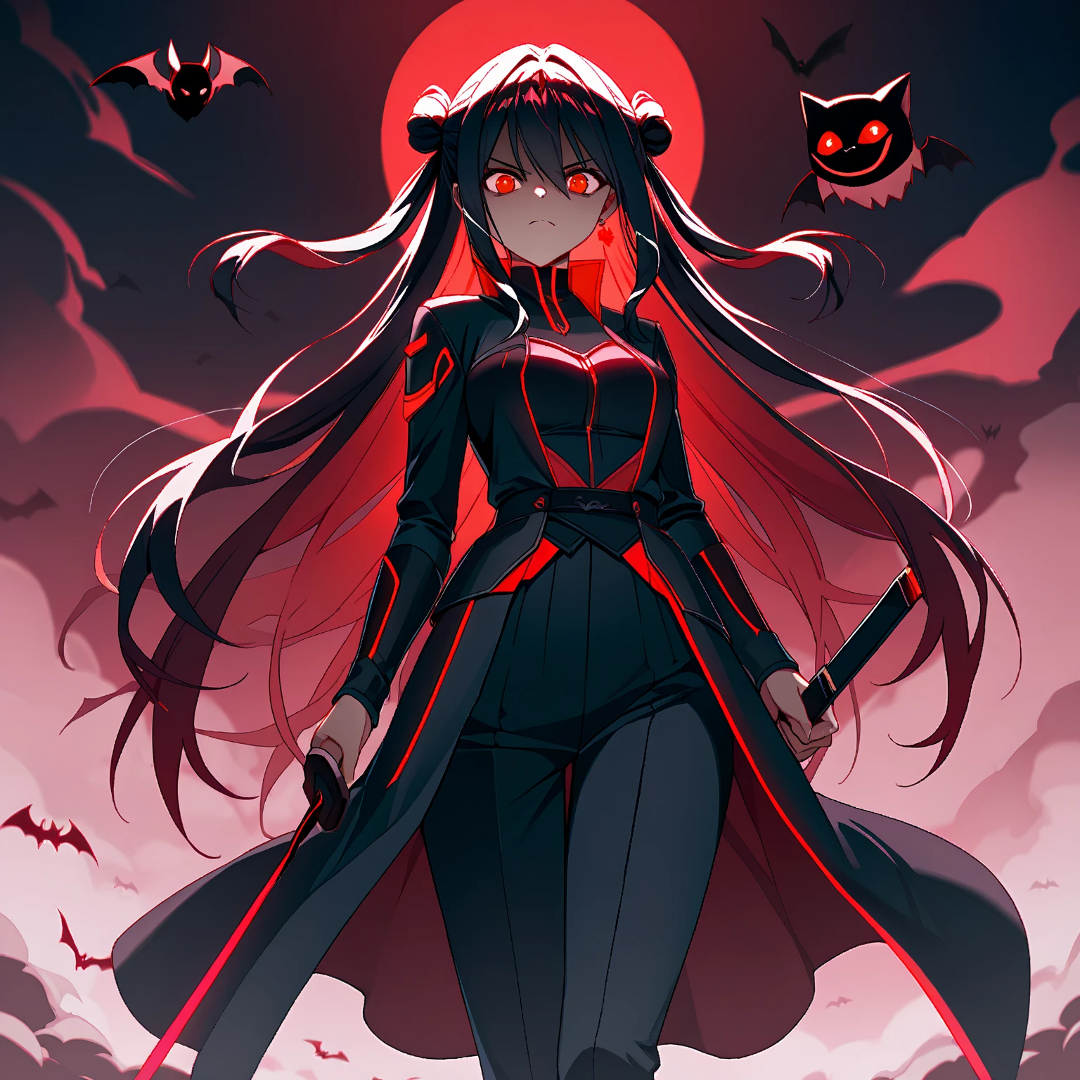 Devil, black hair, red eyes, long hair, red mesh, blindfold, long bangs, left eye hidden, one eye hidden, long hair down to the waist, slender girl, black bra, small breasts, slime-like hair tips, black tears, slime-like hands, black hands, black and red-based clothing, belly button exposed Garter belt, shorts, black bra, small breasts, countless black wings, returned blood, a glowing red magic circle, evil eyes, a black military cap, a black jacket with red inside, devil's horns, countless knives surrounding the girl, a suspicious smile, the whites of her eyes are black, young.