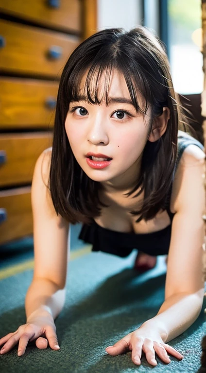 highest quality, Ultra-high resolution, Highly detailed skin, Physically Based Rendering,(shirt with wide open chest、mini skirt),((from below))) ,(((Young face of 18 years old,Japan Schoolgirls、Place both hands on the ground、Topless leaning forward,No bra)))(((panty shot.showing panties,squatting,open legs wide)))(((Small breasts, Nipples are visible, from the front,))),(Japanese school girl uniform),(Blurred Background:1.2), (Cleavage), (Show me her white panties)Long black hair, open chest shirt