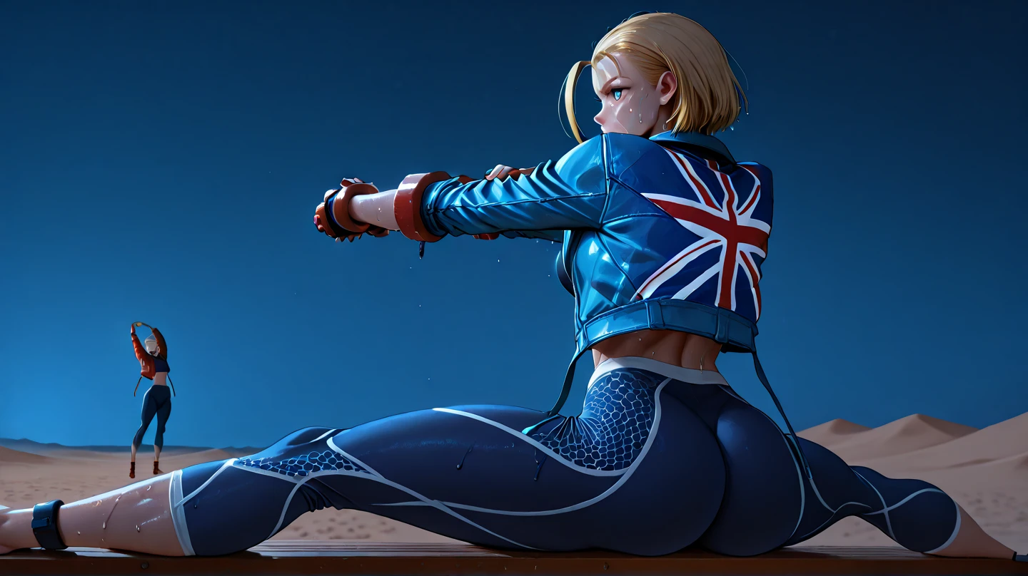 From the rear camera angle, blue eyes, blonde hair, antenna hair, Scar on the cheek, full body portrait, looking at viewer, tight clothes, excited face, Seductive Buttocks,