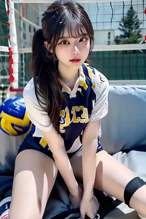(8K, Best Quality, Masterpiece: 1.2), (Realistic, Photorealistic: 1.37), Super Detail, 1 Girl, 20 years old, Big, Beauty, Cute, Smile, Solo, (Redness of the Nose), (Smile: 1.15), (Mouth Closed), Volleyball, Uniform, Big Ass Peeling, Beautiful Eyes, Gymnasium, Ballet Ball Court, (Long Hair: 1.2), Floating hair Novafrog style, upper body