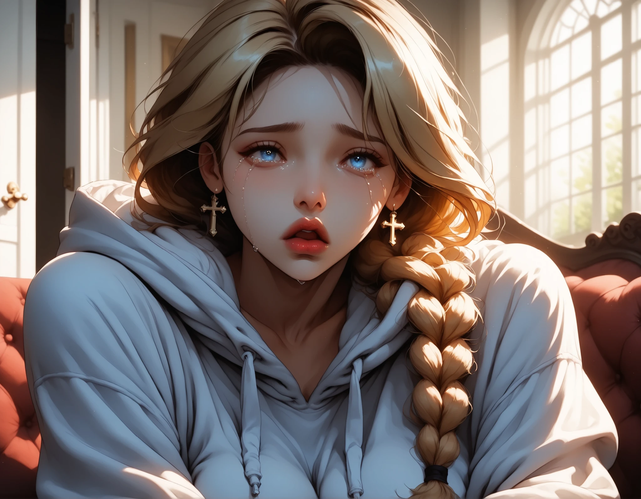 (masterpiece:1.2), (best quality:1.2), ultra detailed, 8k, watercolor, cinematic lighting, volumetric_lighting, rim light, soft shadows, ((forced_perspective)), (Diminishing scale perspective:1.3), (solo, solo_focus, upper_body) BREAK (1girl, (blonde hair:1.3), blue_eyes, wavy_hairlong_hair, braided_hair, hair_between_eyes, long_bangs, gloss_lips, full_lips, large_breasts, sitting_on_couch, cross_legged, tears, crying, sad_expression, open_mouth, wailing) BREAK (oversized_hoodie, shorts) BREAK (indoors, doorway, blurry_background), (lora:Yandere Queen:0.85), (lora:Detail Tweaker XL:0.65), (lora:Fantasy Western Anime:0.45), (lora:Dark Realism (Anime):1.0), (lora:Dramatic Chiaroscuro:1.0), (lora:Vampire Hunter D Bloodlust Style [Pony XL]:0.3)
