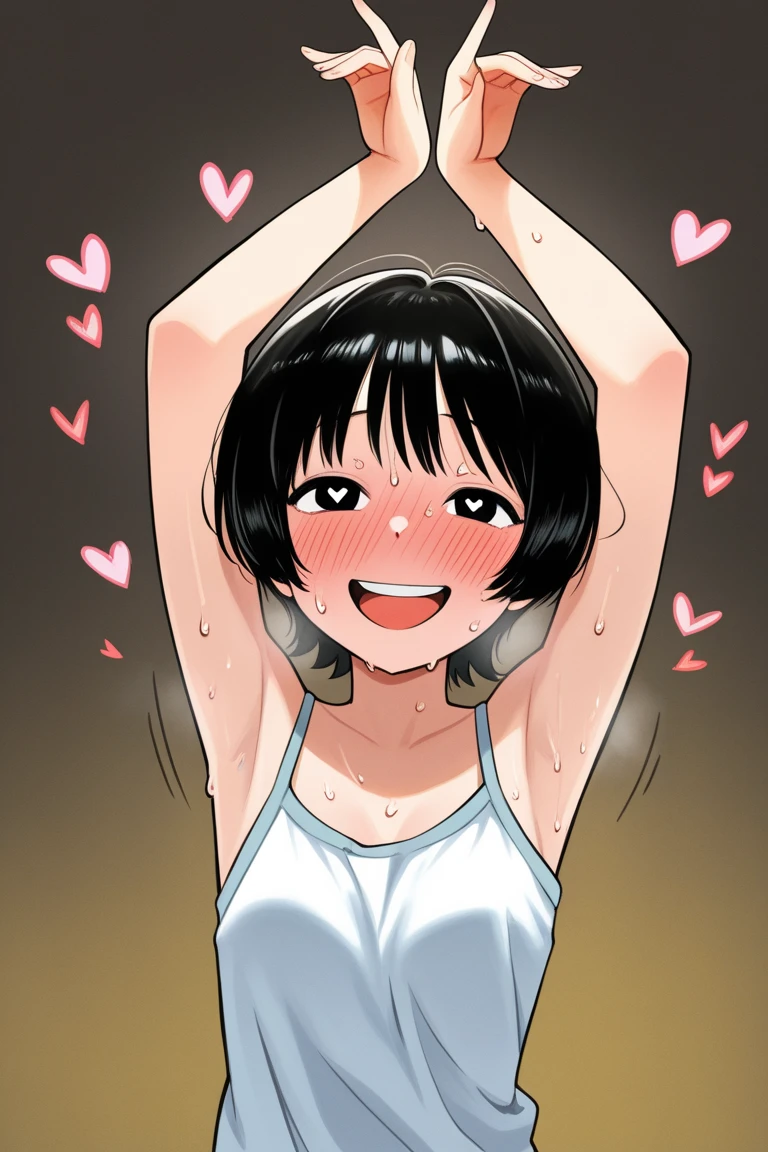 Armpit woman swimsuit laughing with mouth open, cheeks flushed, tickled and excited, spread-eagled, breasts visible through