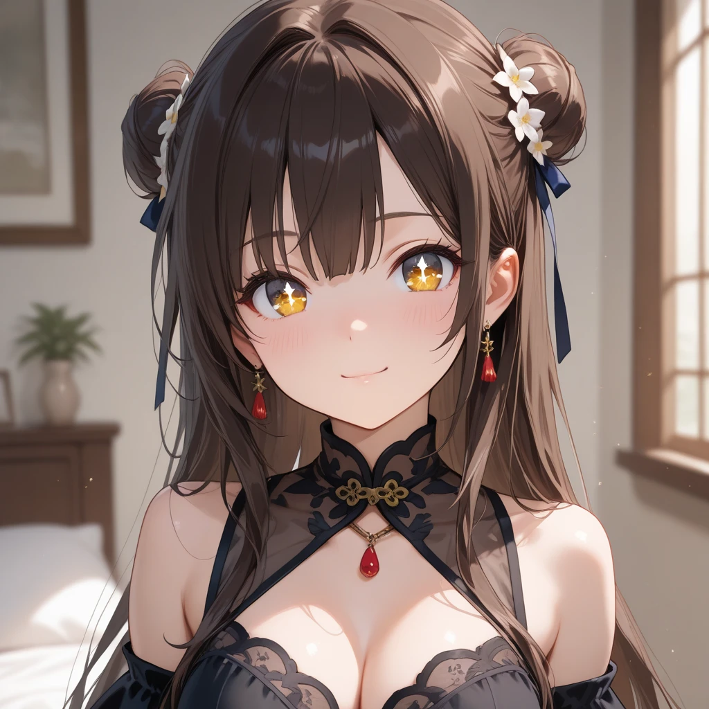 Beautiful girl, brown hair, short twintails, big breasts, cleavage,(huge tits)