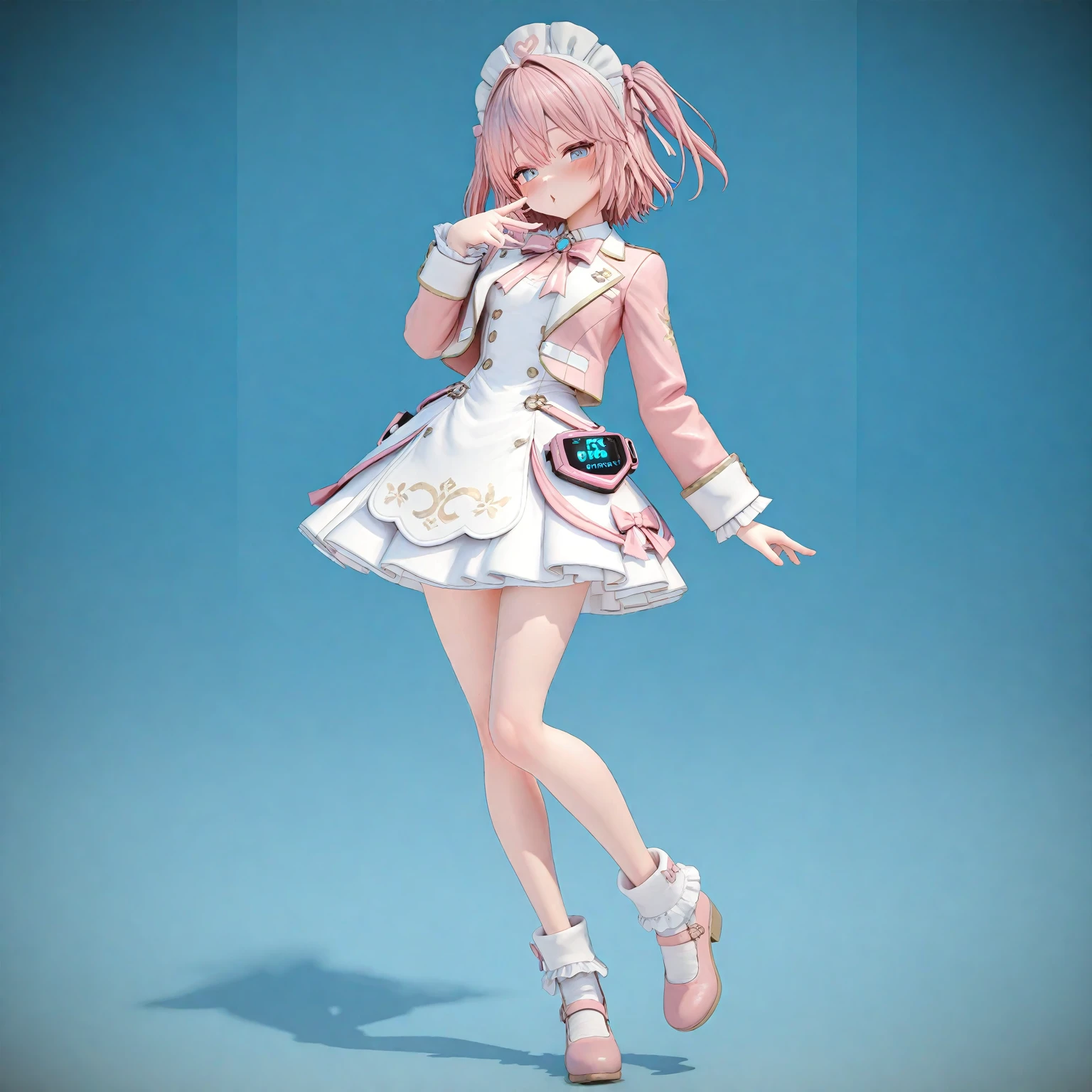 Wearing a pink dress and white top、Anime girl wearing blue bow, April Rendering, Sayori, Rendering a cute 3D anime girl, , very detailed character, ( ( Character Concept Art ) ), Official Character Art, stylized anime, Pink ponytail hair and cyan eyes, Sakura Kinomoto, splash art anime 